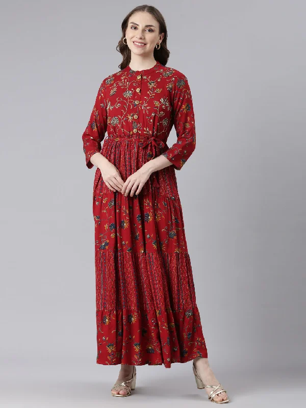 Unbeatable Prices Neerus Red Viscose Rayon Straight Casual Floral Maxi Dresses