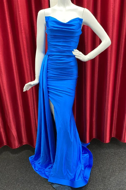 Save On Inspired Styles Royal Blue Cowl Strapless Mermaid Satin Long Prom Dress with Slit