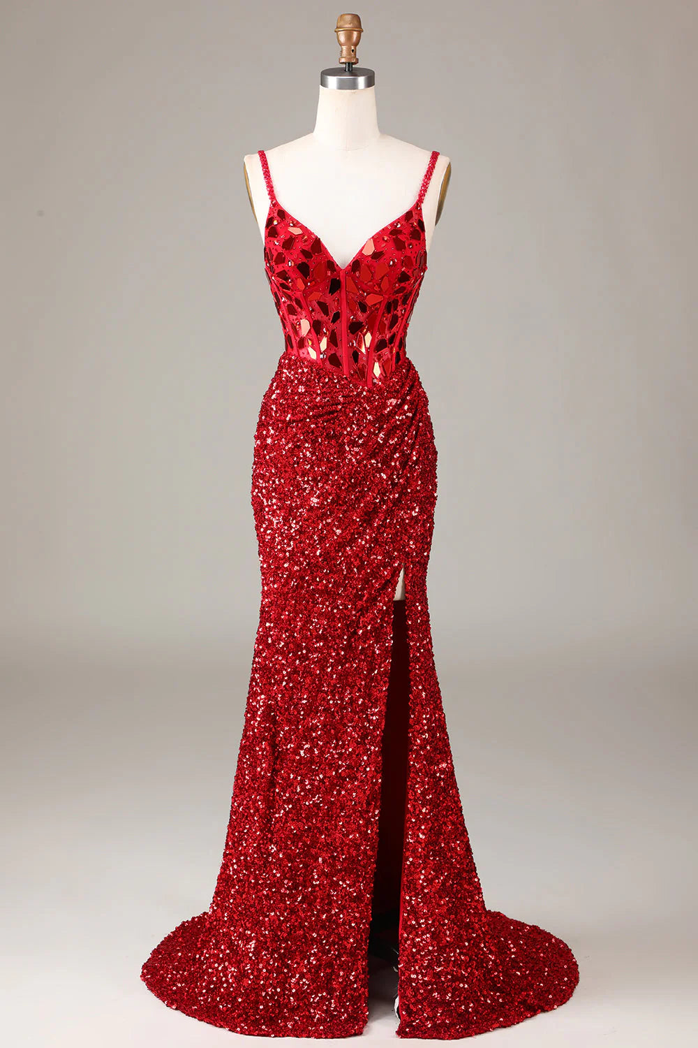 Best-Sellers Amzcw Sheath Spaghetti Straps Sparkly Sequins Red Prom Dress with Split Front prom dresses with long sleeves