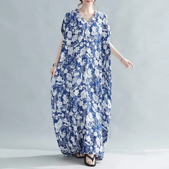 Stylish Women's Outerwear Apparel Chinese Porcelain White and Blue Kaftan Dress