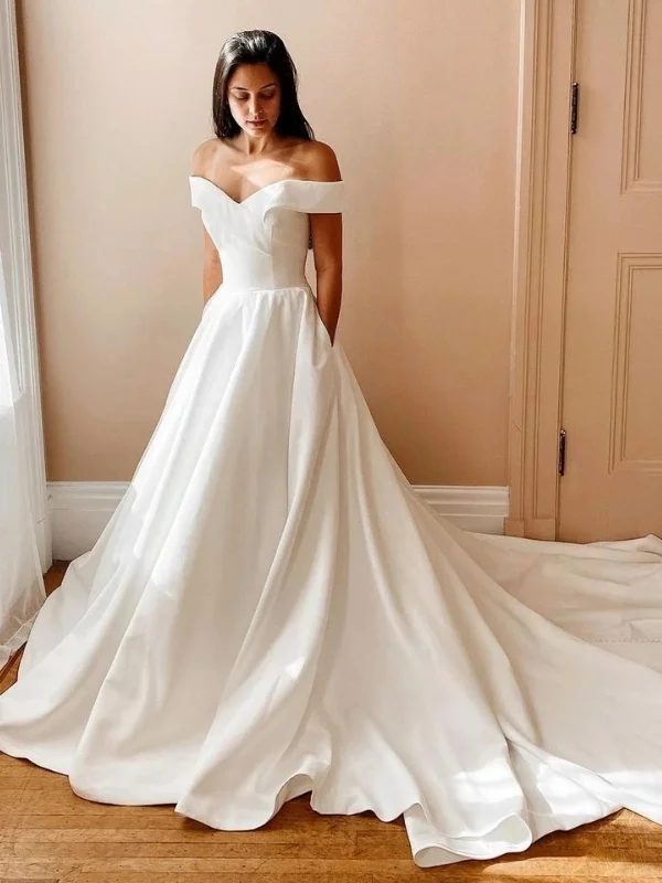 Save Big Off the Shoulder White Satin Long Prom Dresses with Train, Off Shoulder White Formal Dresses, White Evening Dresses SP2699