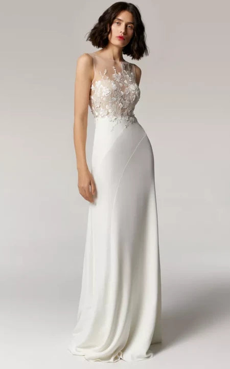 Fashionista Favorites Casual Sleeveless Bateau-neck Sheath Chiffon Wedding Dress with Illusion Lace Top