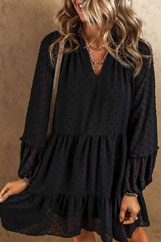 Clearance Event Swiss Dot V-Neck Ruffle Trim Mini Tiered Long Sleeve Dress