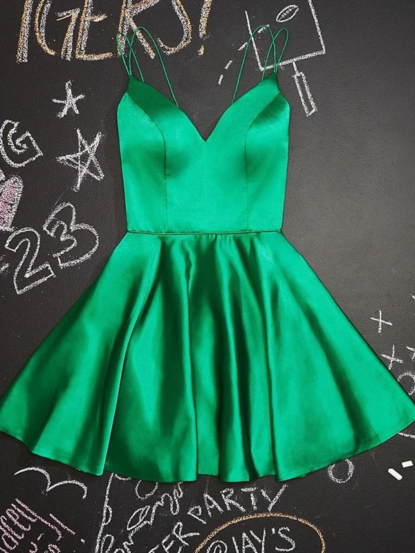 Casual Chic Cute V Neck Green Satin Short Homecoming Prom Dresses, V Neck Green Formal Graduation Evening Dresses