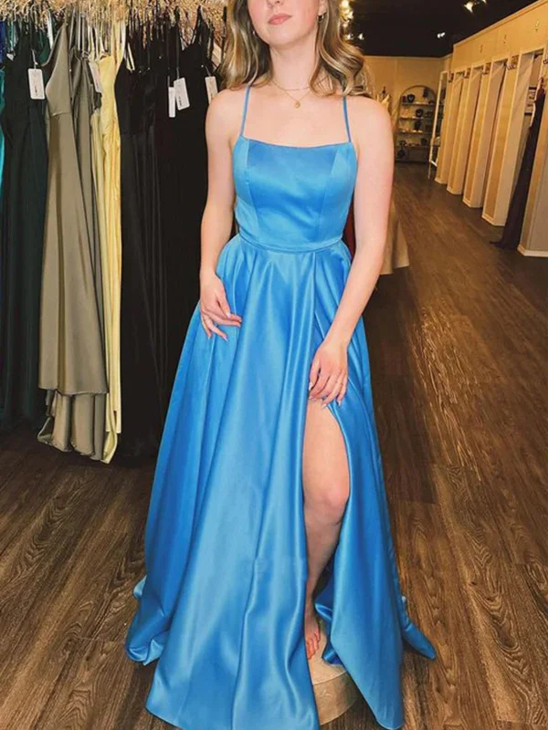 Mother'S Day Special Simple Open Back Blue Satin Long Prom Dresses with High Slit, Long Blue Formal Graduation Evening Dresses SP2597