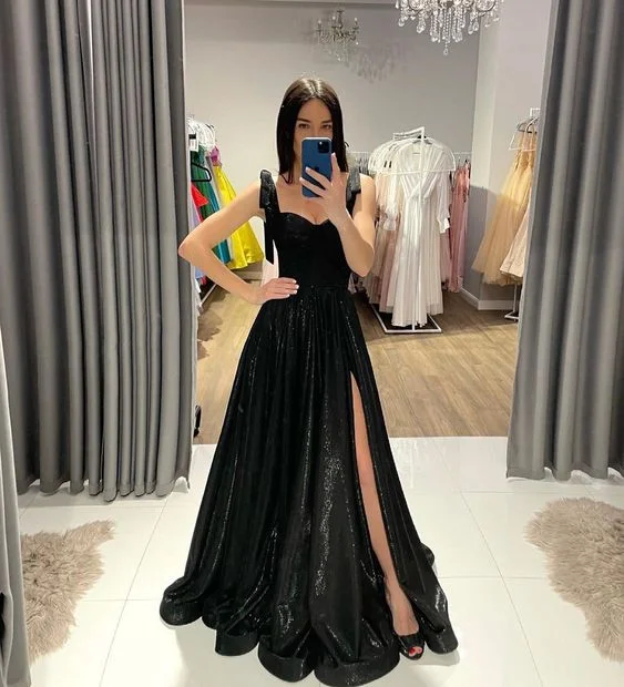 Save On Inspired Styles Black A-line Straps Prom Dress With Split,Black Senior Prom Gown Y6124