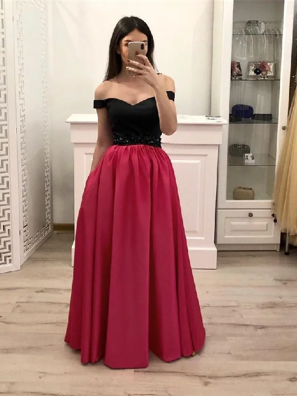 Best-Sellers Off Shoulder Hot Pink Satin Black Top Long Prom Dresses with Pockets, Off Shoulder Formal Dresses Graduation Dresses Evening Dresses