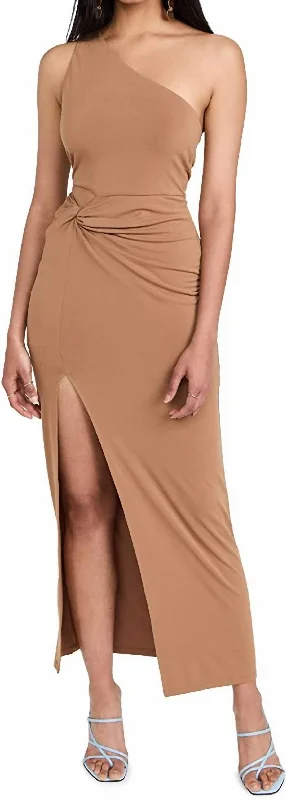 Stylish Savings Ashby Front Twist Hip Cutout Midi Dress In Camel Tan