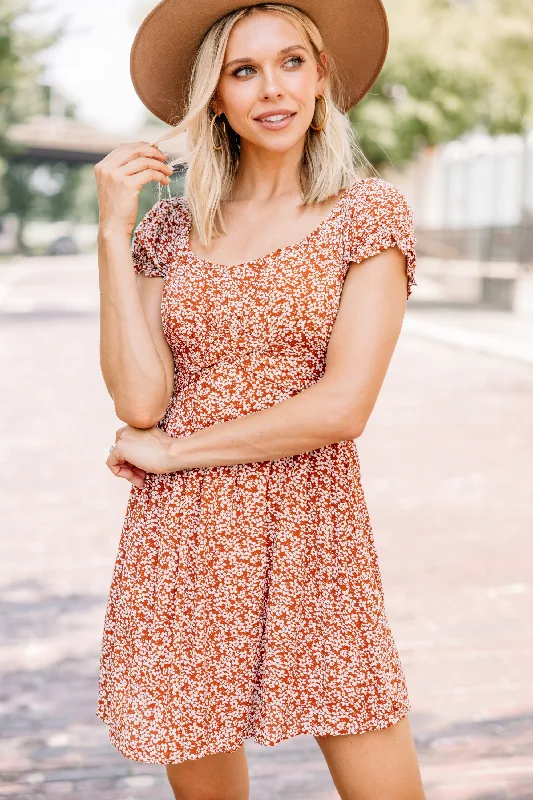 Seasonal Trends Give Joy Terracotta Red Ditsy Floral Dress