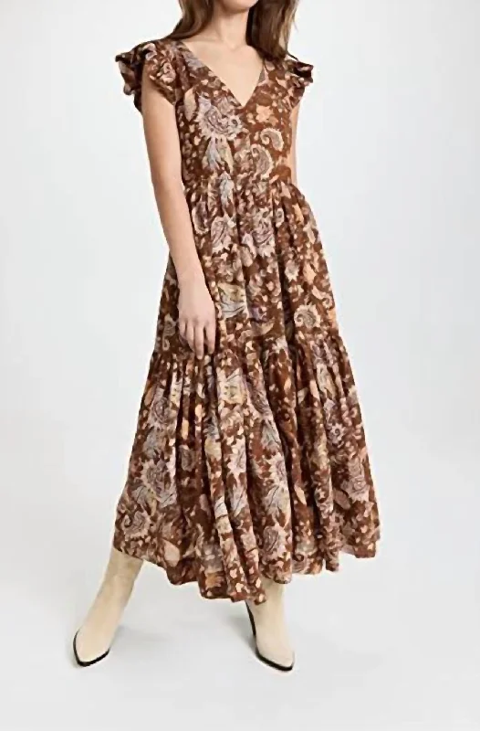 Seasonal Sale Printed Tiered Midi Dress In Brown Multi