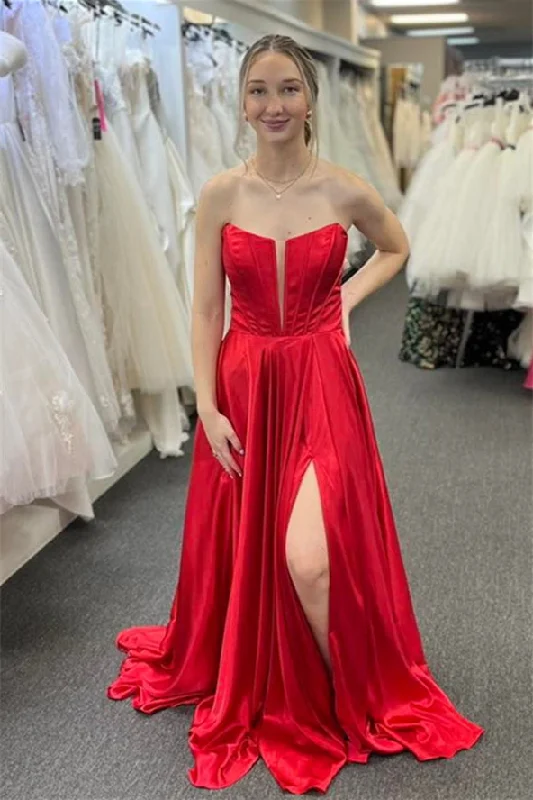 Pastel Styles Red Satin Strapless A-line Bow Long Prom Dress with Slit