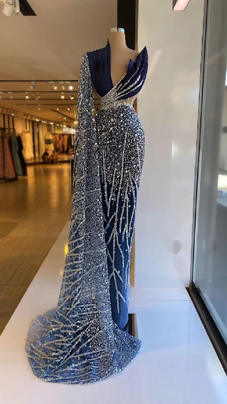 Limited-Time Offer Navy Blue One Shoulder Evening Dresses V Neck Prom Gowns Custom Made Sequin Sparkly Formal Party Dresses Y4936