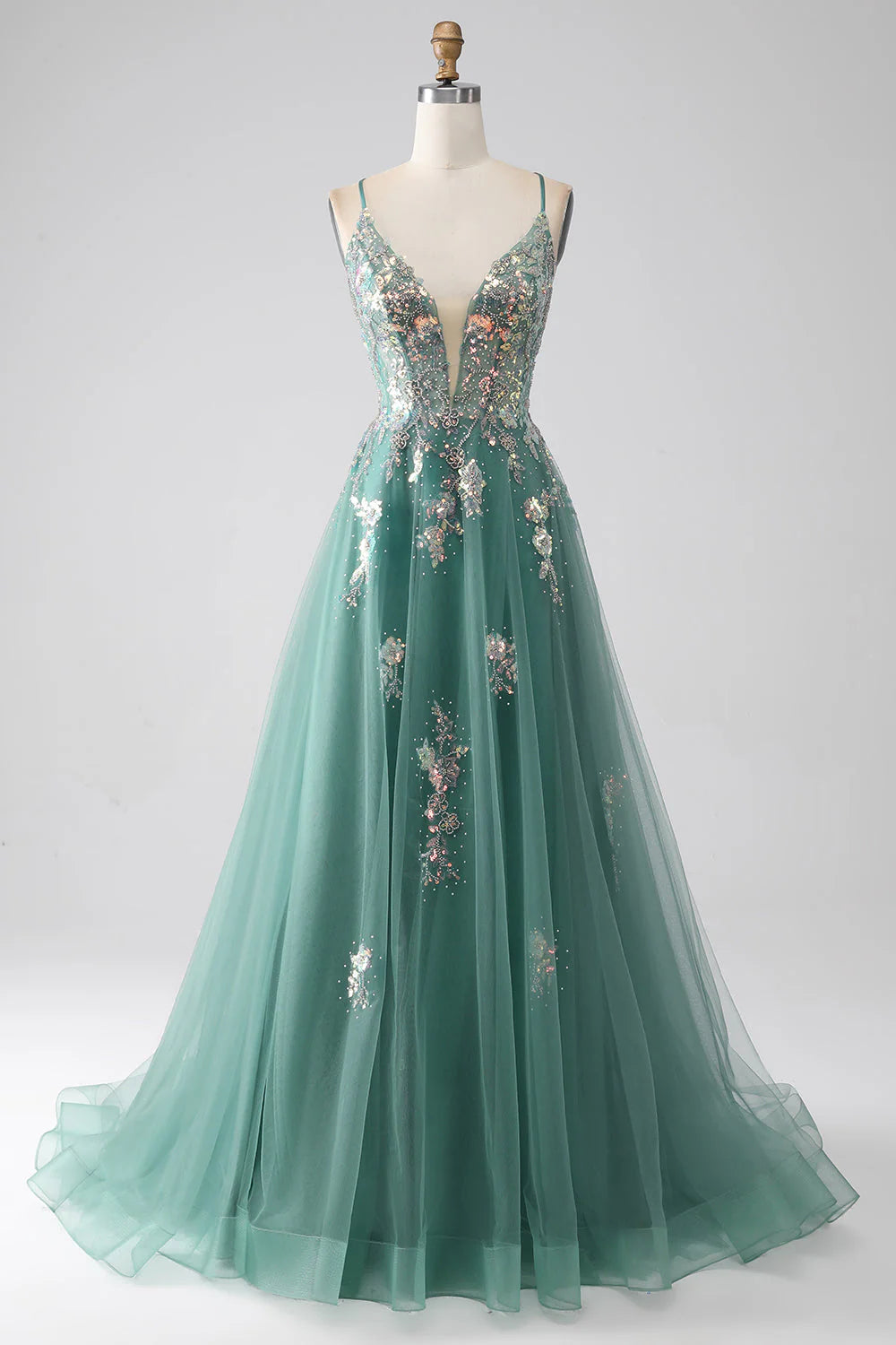 Fashion-Forward Outfits Amzcw Sparkly Green A-Line Spaghetti Straps Long Prom Dress With Sequin Appliques prom dresses with long sleeves