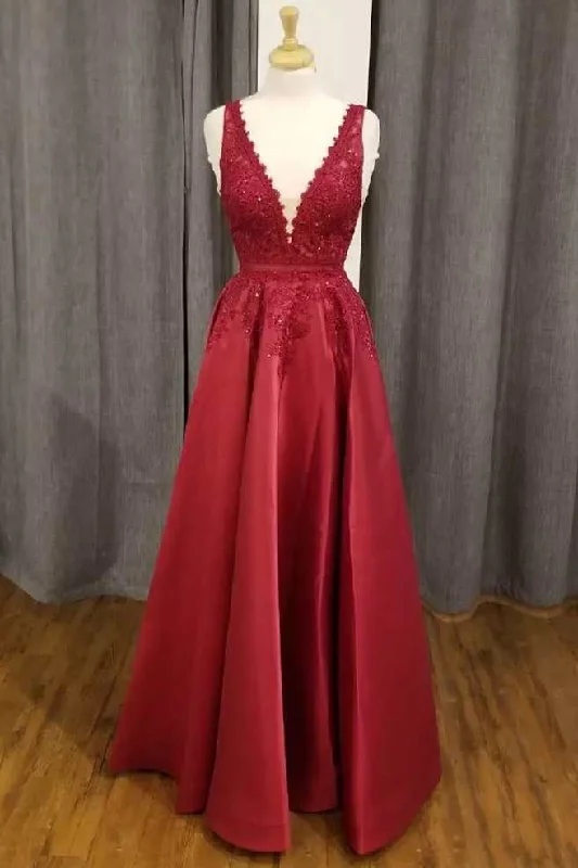 Summer Splash Sale Red Lace Satin Plunge V A-Line Prom Dress