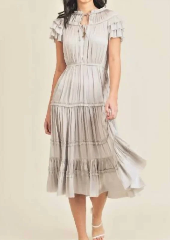 Fashion Sale Short Sleeve Ruffle Midi Dress In Silver/grey