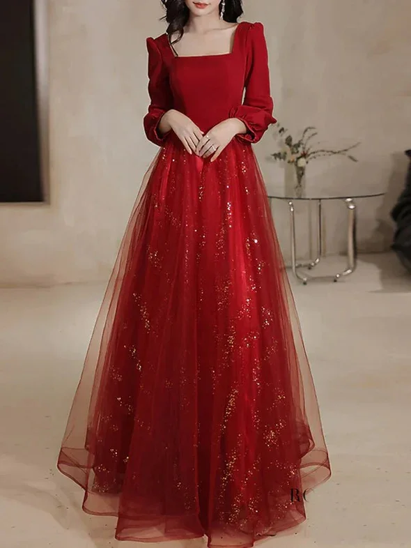 Hot Trends A-Line Evening Dresses Glittering Dress Engagement Floor Length Long Sleeve Scoop Neck Tulle with Sequin   S1239