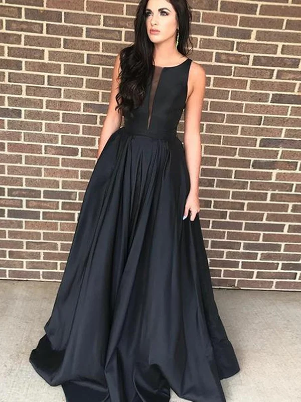 Wardrobe Essentials Elegant A Line Satin Black Prom Dresses, Black Formal Dresses, Black Evening Dresses