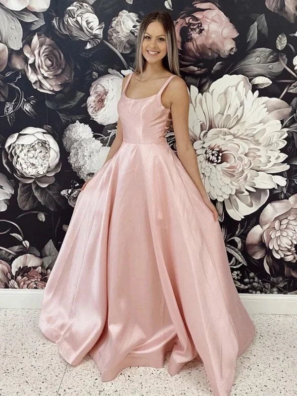 Special Occasion Wear Simple A Line Pink Satin Long Prom Dresses, Long Pink Formal Evening Dresses