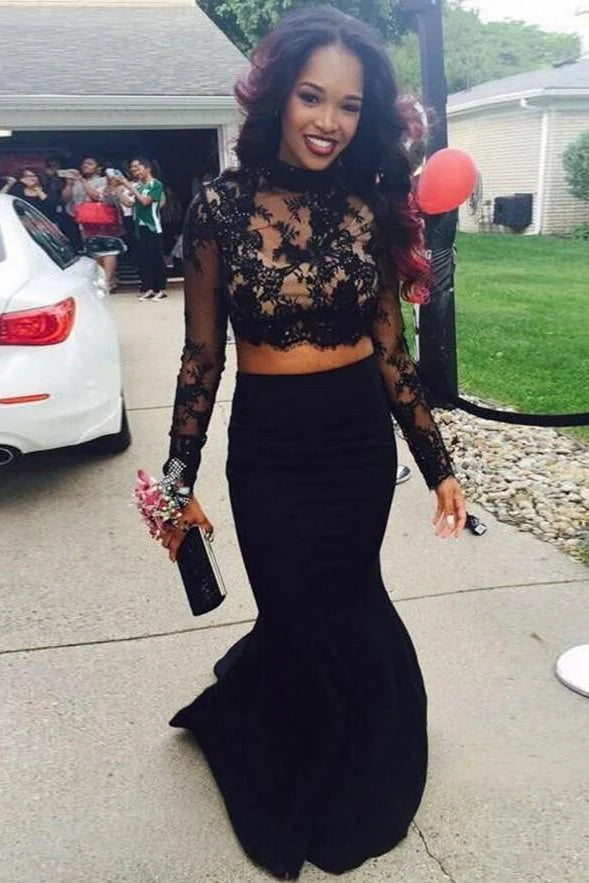 Season Sale Two Pieces Black Long Sleeve Prom Dresses Mermaid Lace Prom Dress