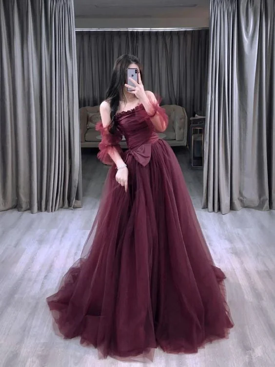 Seasonal Fashion Burgundy Tulle Long Sleeve Prom Dress, A-Line Off the Shoulder Evening Dress      S3874