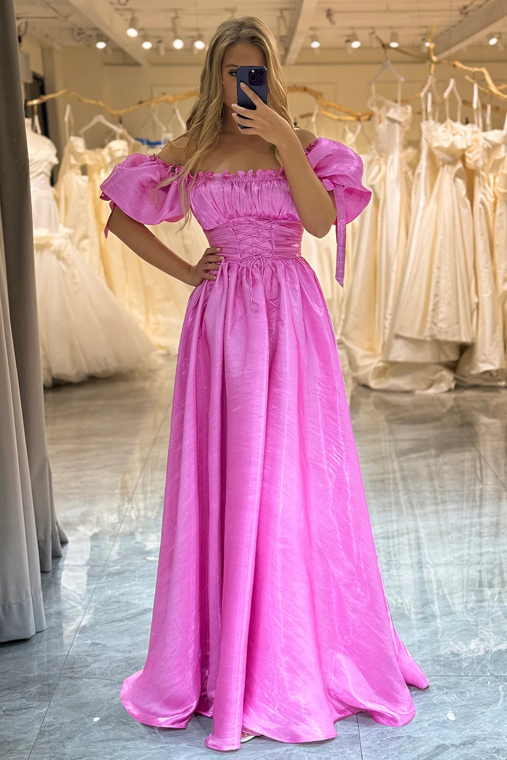 Big Savings On Rustic Countryside Styles Amzcw A-Line Off The Shoulder Fuchsia Lace-Up Prom Dress With Puff Sleeves prom dresses with long sleeves