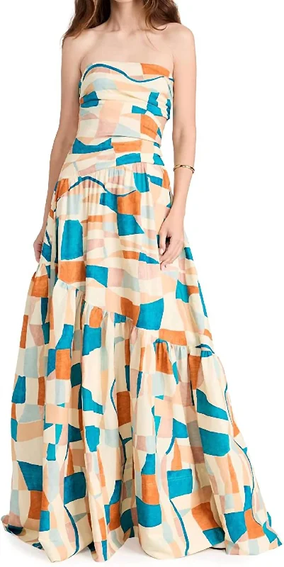 Pastel Styles Lark Maxi Dress In Amalfi Blue/apricot Multi