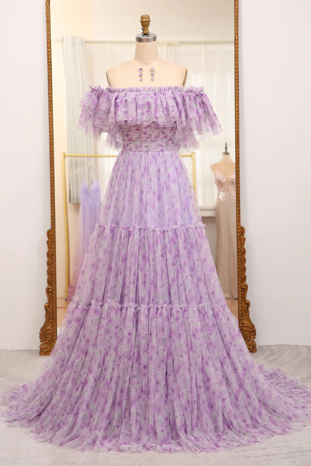 Stylish Spring Fashion Amzcw Light Purple A Line Off the Shoulder Pleated Long Tulle Prom Dress prom dresses with long sleeves