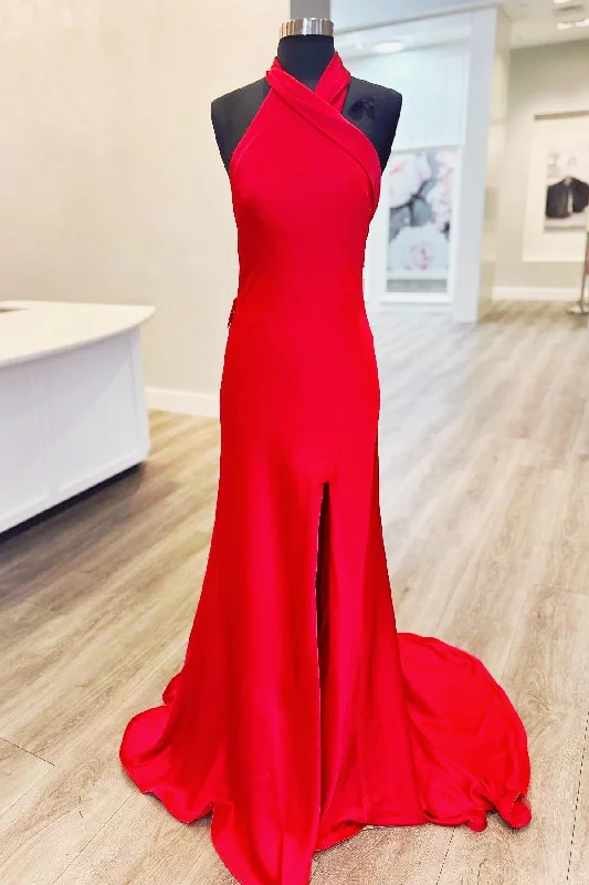 Budget-Friendly Fashion Halter Red Satin Fitted Party Dress with Slit