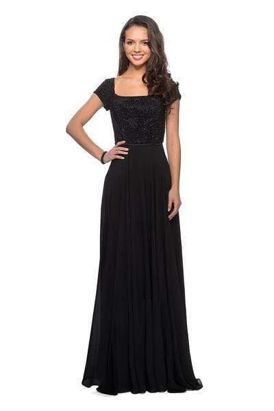 Timeless Women's Clothing La Femme - 26512 Embellished Square Neck Chiffon A-line Dress