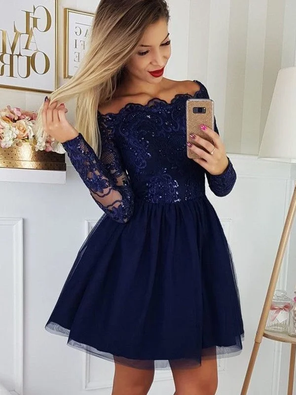 Save Big A-Line/Princess Tulle Applique Off-the-Shoulder Long Sleeves Short/Mini Homecoming Dress