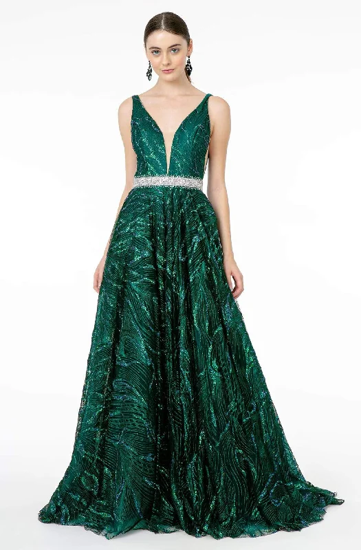 Women's Garments GLS by Gloria - GL2928 Glitter Plunging V-Neck A-Line Dress