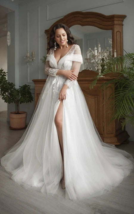 First Order Discount Sexy Curvy Tulle Slit Front A-line Illusion Lace Long Sleeve Wedding Dress