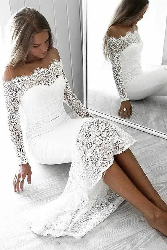 Wardrobe Upgrade Long Sleeve Lace Appliques Sheath White Prom Dresses Off the Shoulder