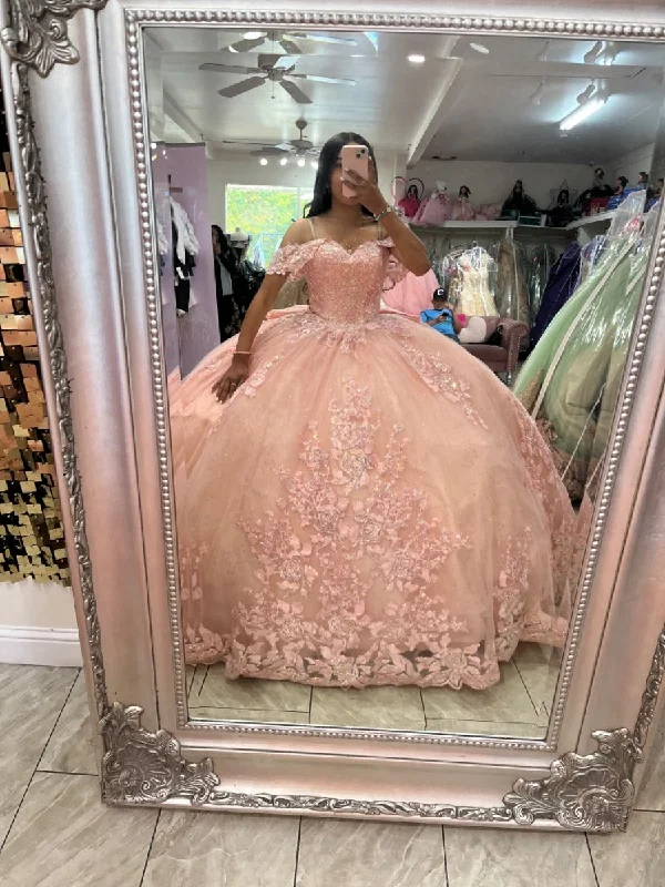 Wardrobe Refresh Pink Off The Shoulder Tulle Appliques Ball Gown,Pink Sweet 16 Dress Y6091