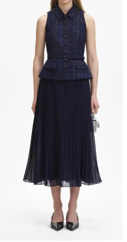 Exclusive Sale Metallic Boucle & Chiffon Midi Dress In Navy