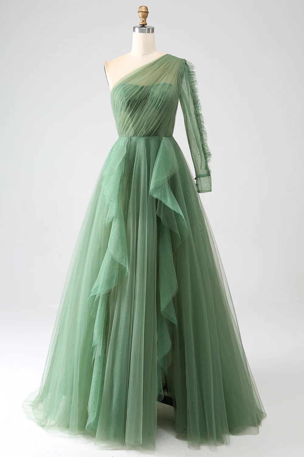 Pastel Styles Amzcw Dark Green A-Line One-Shoulder Long Tulle Prom Dress With Long Sleeves