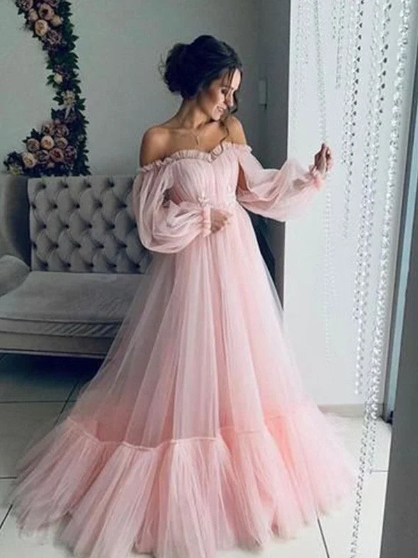 Winter Warm - Up Sale A-Line/Princess Tulle Applique Off-the-Shoulder Long Sleeves Floor-Length Dresses