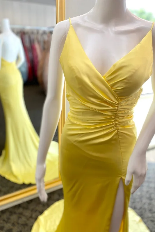 Best-Sellers Yellow Surplice Mermaid Pleated Satin Long Prom Dress with Slit