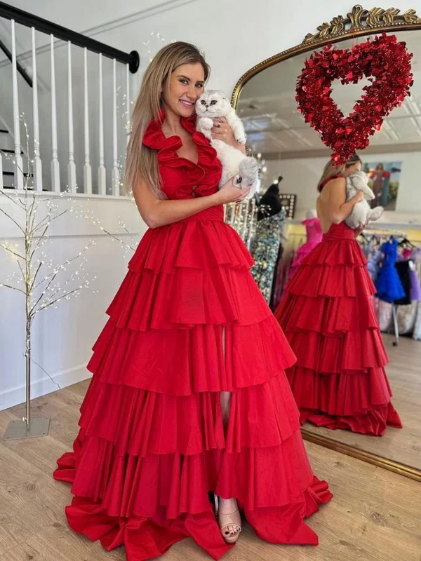 Fashionista Favorites Halter V Neck Backless Layered Red Satin Long Prom Dresses with High Slit, Long Red Formal Graduation Evening Dresses SP3015