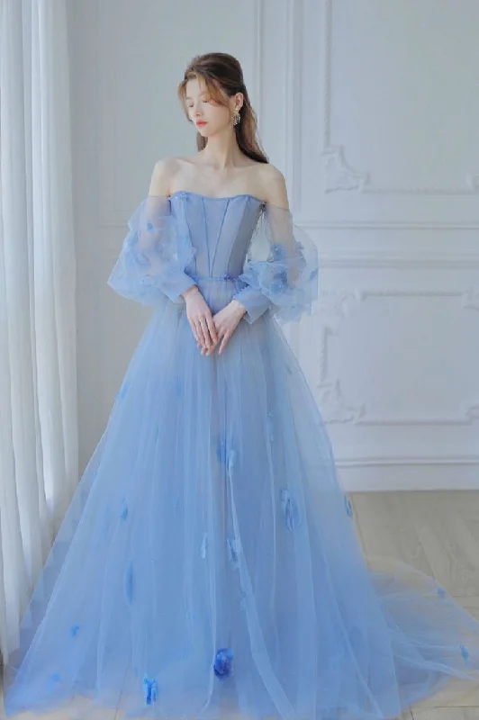 Chic Outfits Blue Tulle Long Sleeve Prom Dress, A-Line Off the Shoulder Evening Dress      S3873