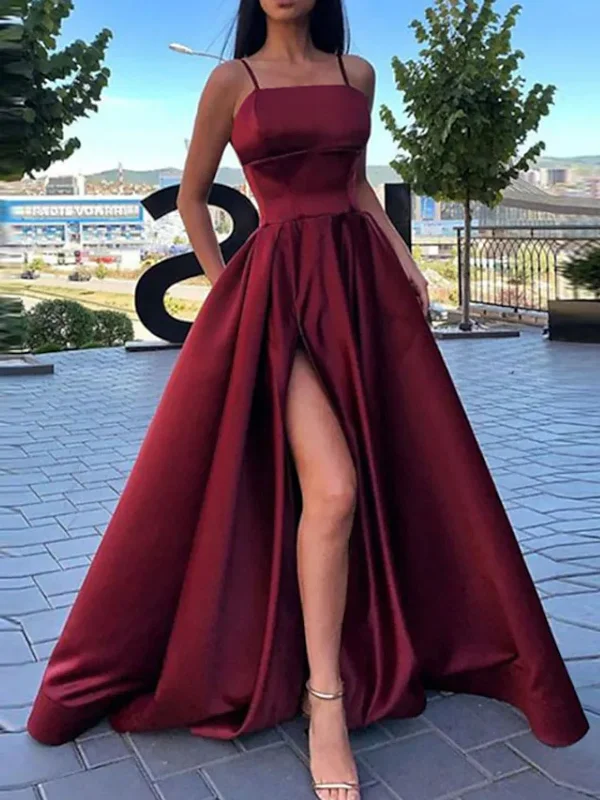 Seasonal Sale A Line Burgundy/Black/Red Satin Long Prom Dresses with High Slit, Long Burgundy/Black/Red Formal Graduation Evening Dresses SP2465