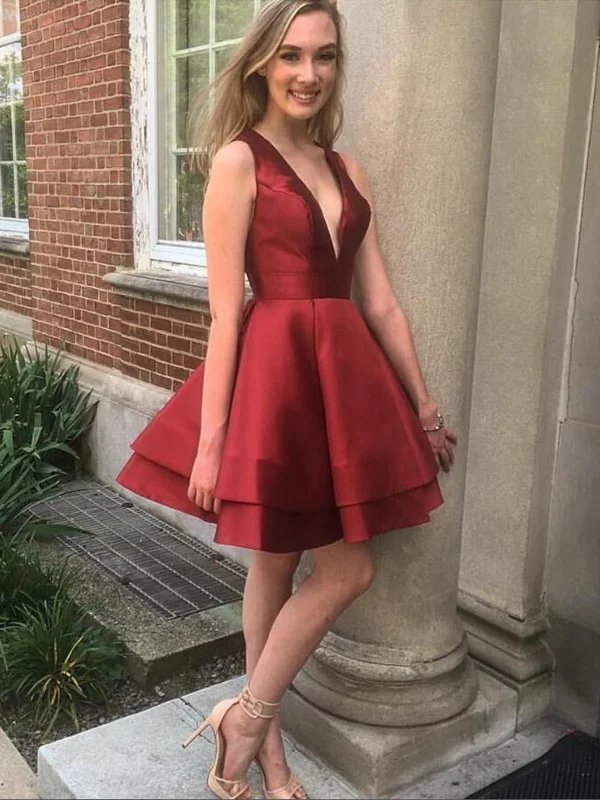 Wardrobe Refresh V Neck Layered Burgundy Satin Short Prom Dresses, V Neck Burgundy Homecoming Dresses, Burgundy Formal Evening Dresses