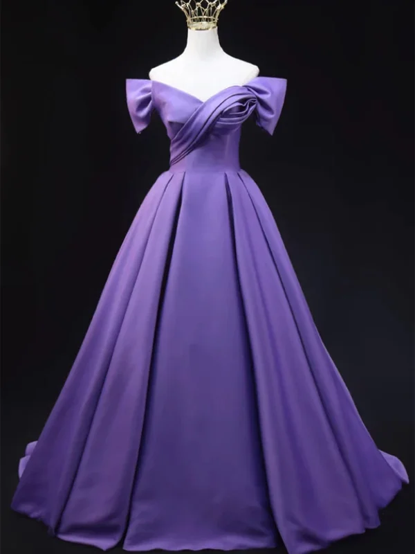 Evening Looks Off Shoulder Purple Satin Long Prom Dresses, Off the Shoulder Formal Dresses, Purple Evening Dresses SP2916