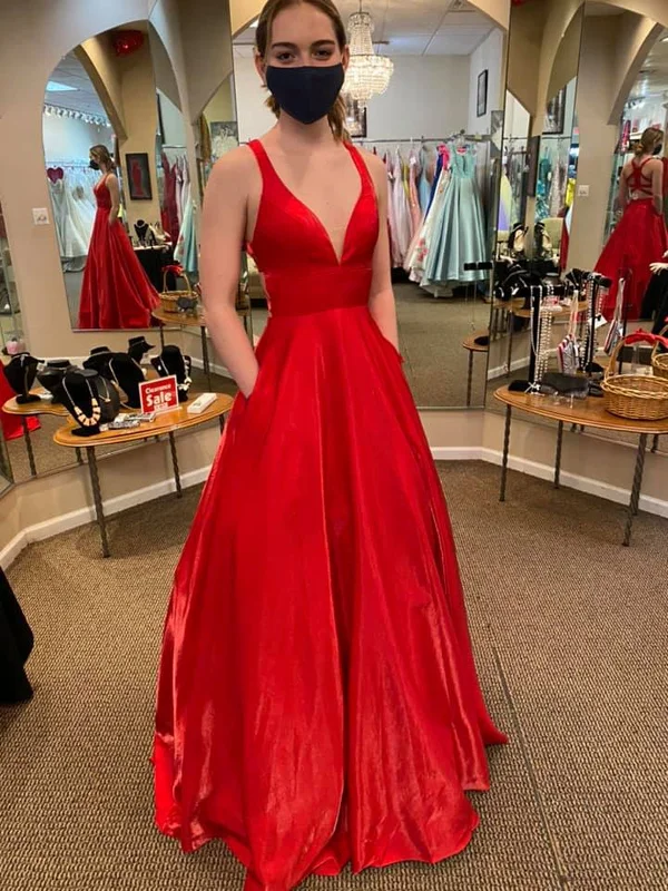 Style Upgrade A Line V Neck Red Satin Long Prom Dresses with Pocket, V Neck Red Formal Graduation Evening Dresses SP2356