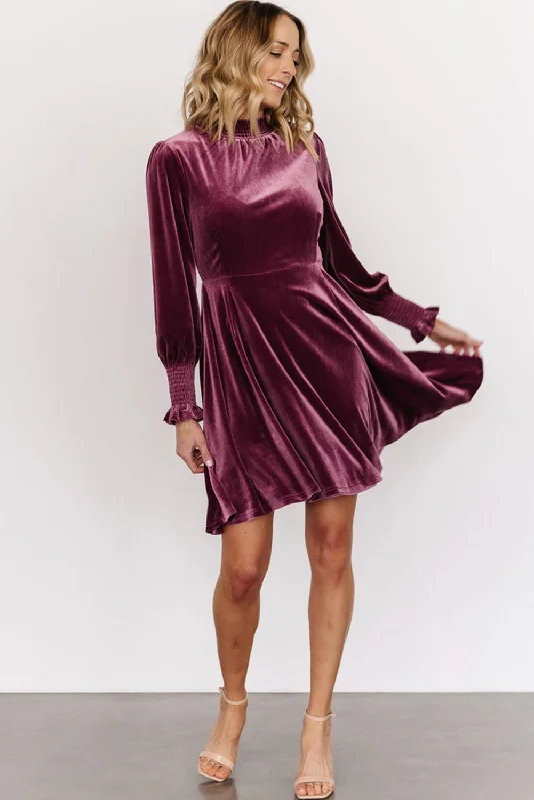 First Order Discount Burgundy Long Sleeve Dress Smocked High Neck Flounce Sleeve Velvet Dress