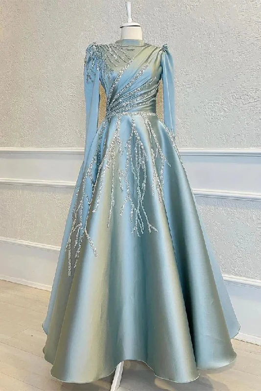 Celebrate With Big Savings High Collar Long Sleeves A-Line Beads Prom Dress With Pleated Appliques      S3579