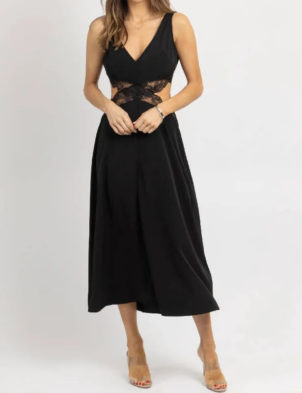 First Order Discount Lace Trim Cutout Midi Dress In Black