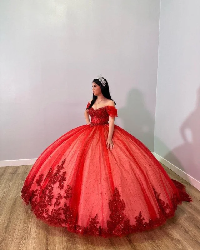 Exclusive Discount Glamorous Red Off The Shoulder Ball Gown,Red Sweet 16 Dress,Princess Dress  Y5330