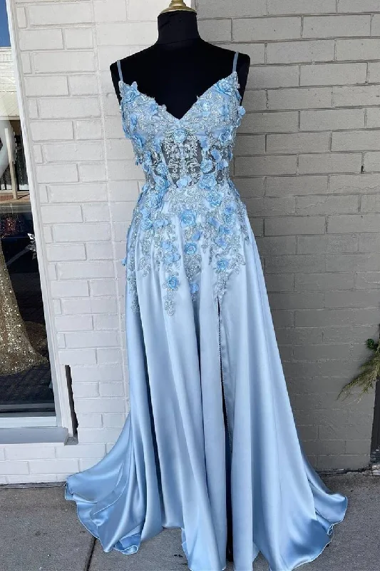 Seasonal Fashion Light Blue A-line 3D Flowers Satin Long Prom Dress