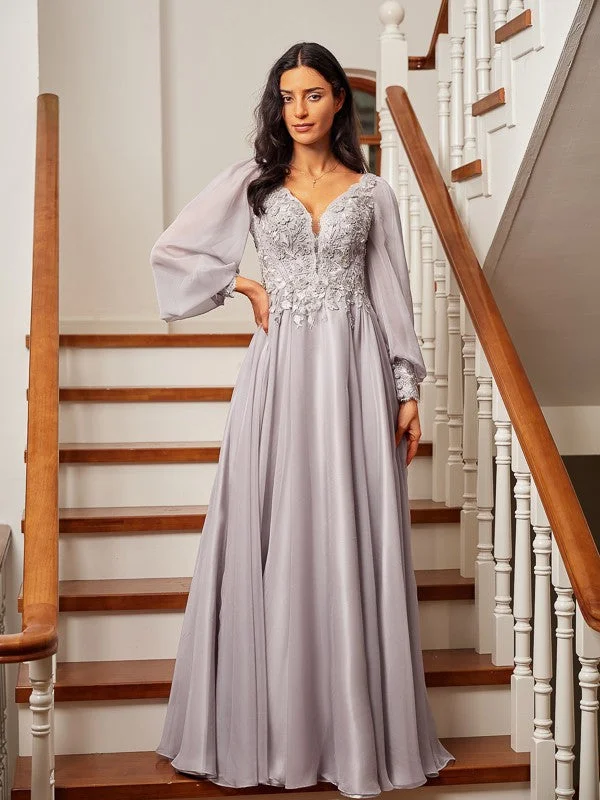 Evening Elegance A-Line/Princess 30D Chiffon Applique V-neck Long Sleeves Floor-Length Dresses